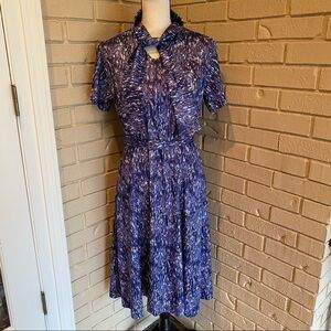 Vintage British Lady Dress Women's 14 Blue Geometric Mod 60s Belted Tie Neck